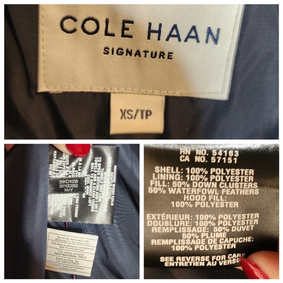 NWT Cole Haan Down Maxi Hooded Chevron Puffer Navy Coat. Women's size XS - Picture 4 of 16